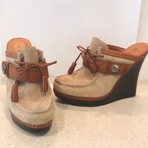 L.A.M.B Tan Suede Leather Platforms Wooden Clogs